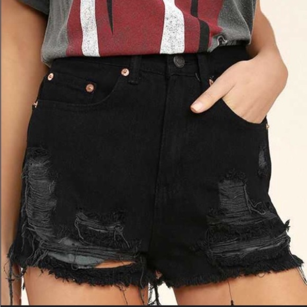 SIGNATURE 8 High Waisted Cut Off Denim Jean Shorts Destruction Black M